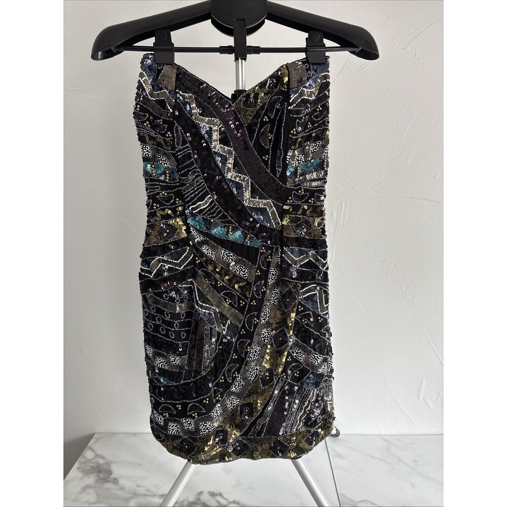 French Connection Beaded Sequin Strapless Night Out Mini Dress 4 Black Gold